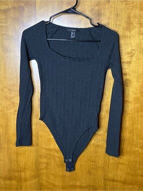 Forever 21 Black Ribbed Long Sleeve Bodysuit Square Neck Size S